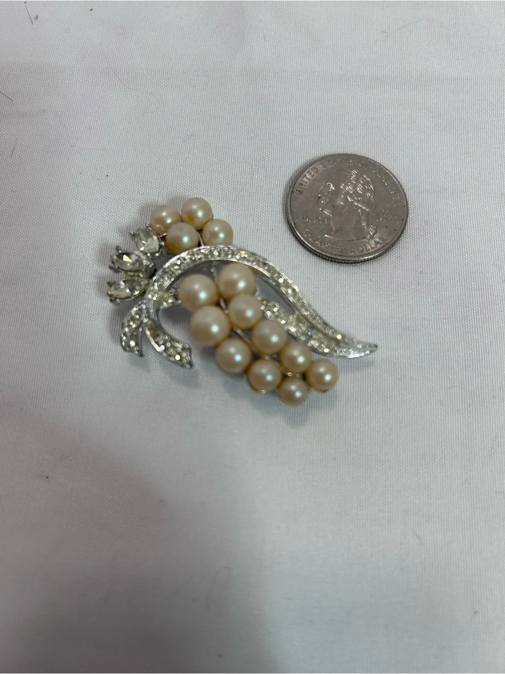 Pearl and Crystal Cluster Brooch - Champagne faux Pearls with Silver Tone